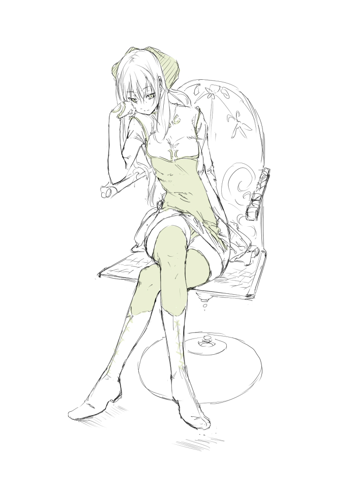 1girl boots bored chair crossed_legs cyrille_(shining_force_exa) female_focus head_on_hand kotoba kotoba_(kotobato) looking_away looking_down sega shining_(series) shining_force_exa sitting solo spot_color