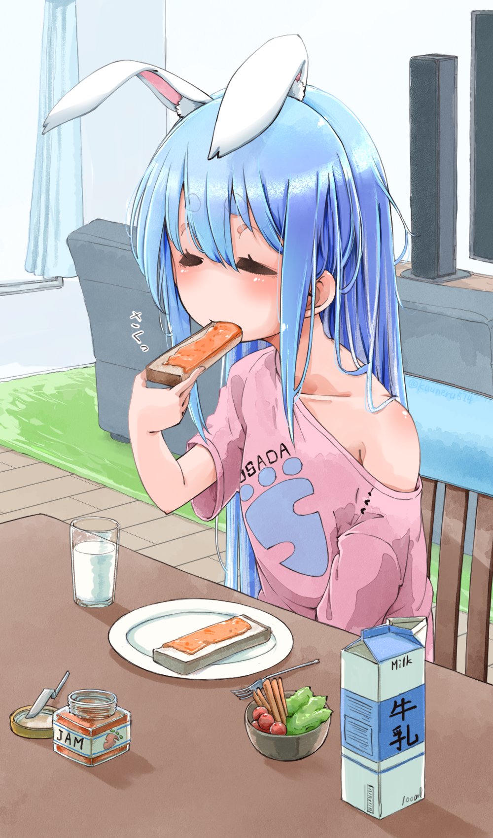 1girl animal_ears bare_shoulders blue_hair blush bread bread_slice butter_knife closed_eyes couch cup drinking_glass eating food fork highres hololive jam jar kuuneru514 long_hair milk_carton off_shoulder plate rabbit_ears salad sitting solo television toast usada_pekora virtual_youtuber
