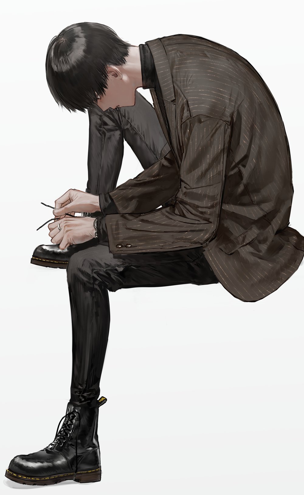 1boy ankle_boots black_boots black_hair black_pants black_shirt boots brown_jacket closed_mouth from_side full_body highres hirota_tsuu invisible_chair jacket jewelry lace-up_boots long_sleeves male_focus mouth_hold original pants ring shirt simple_background sitting solo striped_clothes striped_jacket usuzumi_kei watch white_background wristwatch