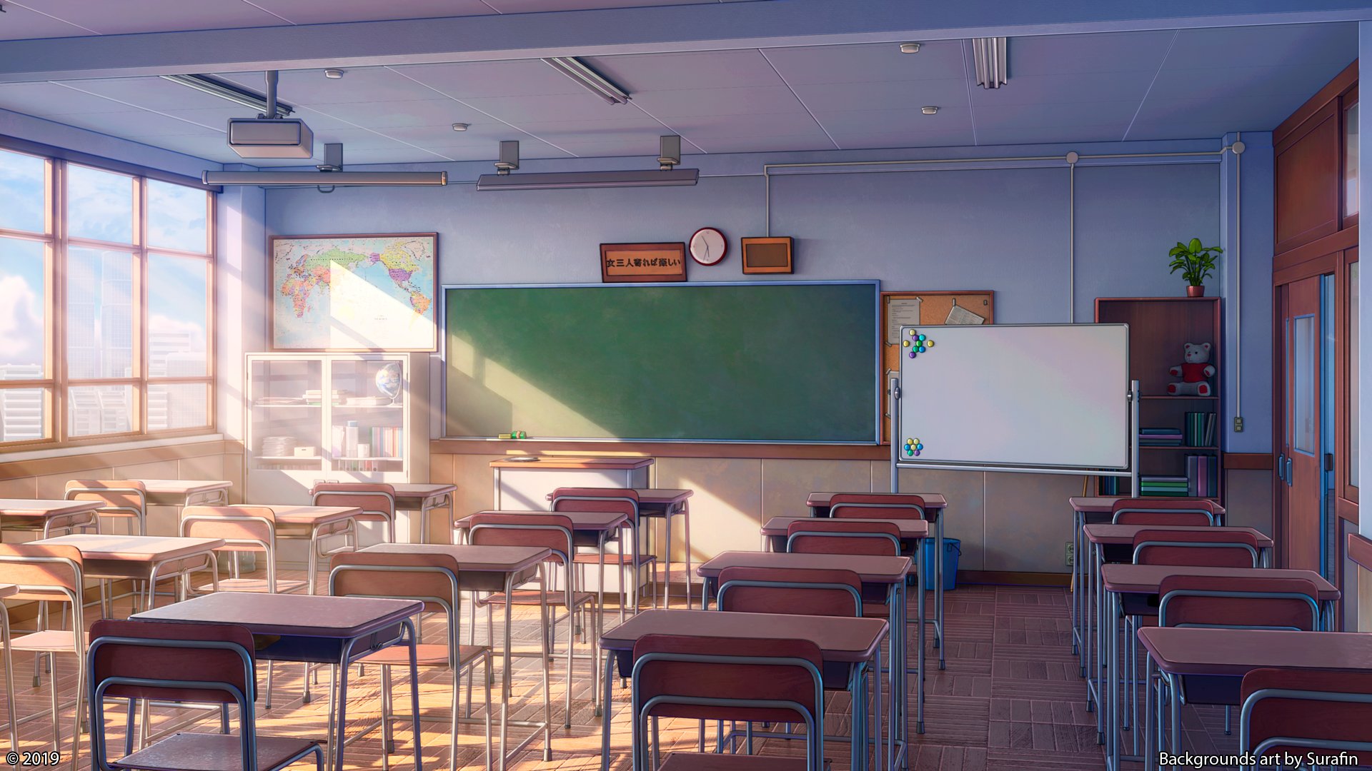 2019 artist_name book book_stack bookshelf cabinet ceiling ceiling_light chair chalkboard classroom clock day door highres indoors interior map_(object) no_humans plant potted_plant school sign stuffed_animal stuffed_toy sunlight surafin table teddy_bear wall whiteboard window wooden_door wooden_floor