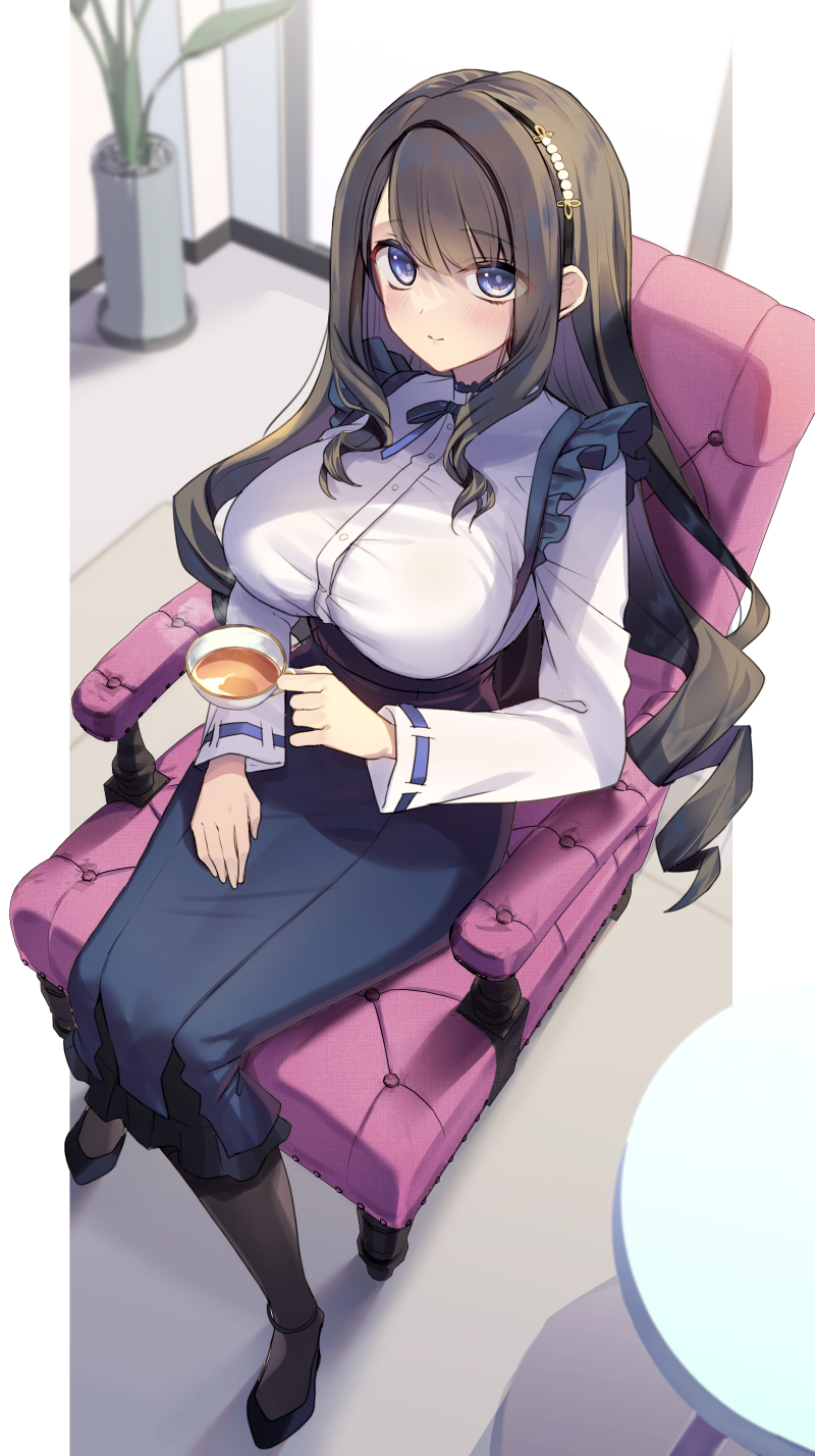1girl black_shoes blush breasts brown_hair chair cup frills hair_between_eyes highres koikawa_minoru large_breasts long_hair looking_at_viewer on_chair original outside_border plant purple_eyes shoes skirt solo table tea teacup thighhighs