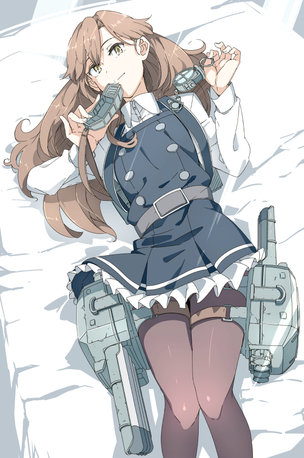 10s 1girl arashio_(kancolle) arashio_kai_ni_(kancolle) bed belt black_pantyhose blanket brown_eyes brown_hair dress female_focus frilled_dress frills kantai_collection landing_craft long_hair long_sleeves looking_at_viewer lying ninimo_nimo open_mouth pantyhose pinafore_dress school_uniform searchlight ship_turret shirt sleeveless sleeveless_dress smile solo torpedo white_shirt