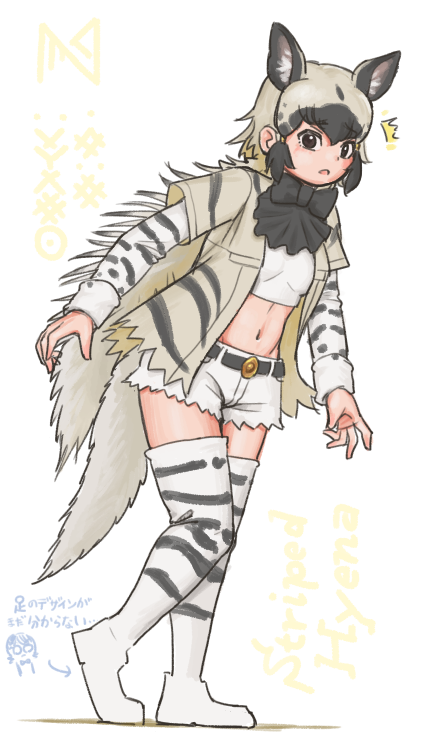 1girl animal_print belt black_belt black_boots black_bow black_bowtie black_hair black_jacket blush boots bow bowtie brown_eyes crop_top cutoffs extra_ears full_body hair_between_eyes hyena_ears hyena_girl hyena_tail imnim_leef jacket kemono_friends kemono_friends_3 long_hair long_sleeves looking_at_viewer midriff multicolored_boots multicolored_hair multicolored_jacket navel open_clothes open_jacket print_boots print_jacket shirt short_shorts short_sleeves shorts sidelocks solo striped_clothes striped_footwear striped_hyena_(kemono_friends) striped_jacket thigh_boots thighhighs translation_request two-tone_boots two-tone_hair two-tone_jacket white_boots white_hair white_jacket white_shirt white_shorts zettai_ryouiki