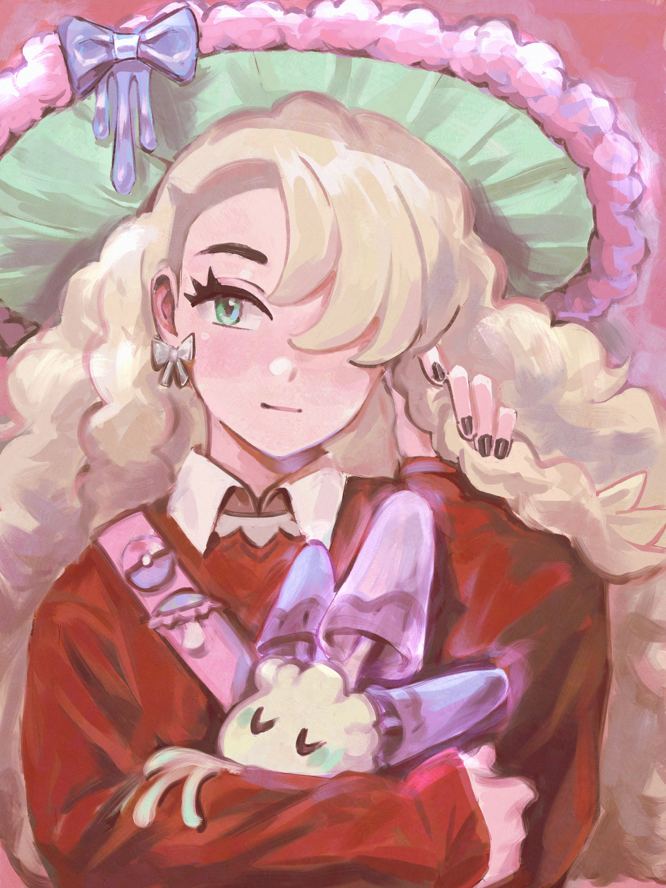 1girl big_hair black_nails blonde_hair bow bow_earrings braid closed_eyes collared_shirt commission earrings fingernails fur-trimmed_headwear fur_trim gen_7_pokemon go-lurk green_eyes hair_over_one_eye hand_up hat hat_bow highres holding holding_own_hair holding_pokemon jewelry light_smile long_hair looking_at_viewer morelull nail_polish nintendo original plant_monster pokemon pokemon_(creature) red_sweater shirt sleeping sleeves_past_wrists solo sun_hat sweater u_u