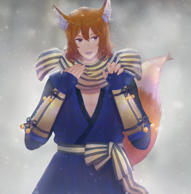 1boy animal_ears bad_id bad_twitter_id brown_hair fingerless_gloves fire_emblem fire_emblem_fates fox_ears fox_tail gloves japanese_clothes kaden_(fire_emblem) lijupy male_focus nintendo scarf snow snowflakes tail