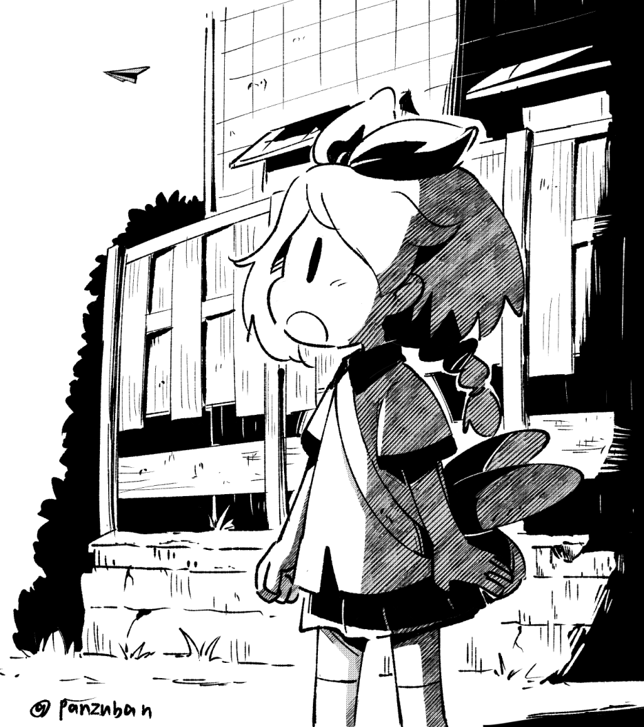 1girl animal_bag bag black_shirt chibi haru_(yomawari) monochrome open_mouth panzuban paper_airplane ribbon school school_bag school_uniform shin_yomawari shirt yomawari yomawari_(series)
