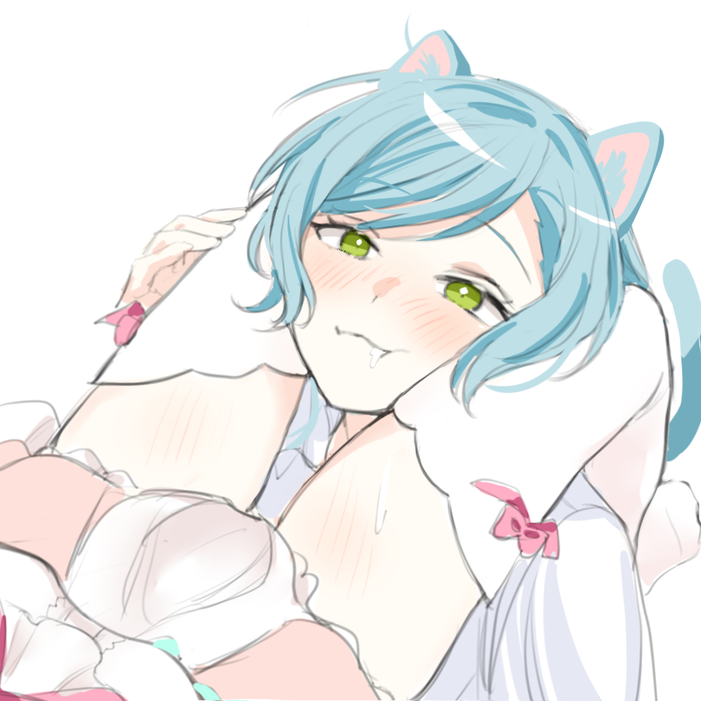 2girls animal_ears bang_dream! between_legs blue_hair bow cat_ears cat_girl cat_tail chieh closed_mouth dress green_eyes hikawa_hina kemonomimi_mode looking_at_viewer maruyama_aya multiple_girls pink_bow pink_dress saliva tail thighhighs white_thighhighs yuri