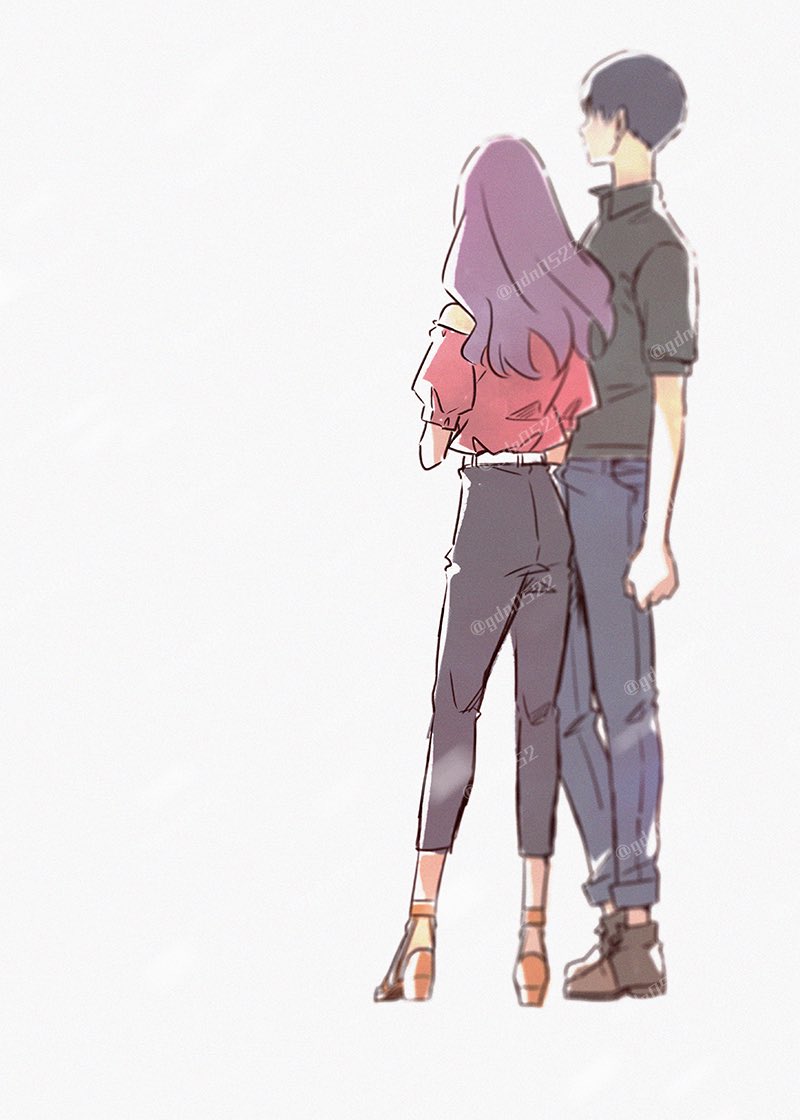 bare_shoulders black_hair black_pants black_shirt blurry blurry_background digimon digimon_adventure_02:_the_beginning from_behind full_body gdn0522 grey_background grey_pants ichijouji_ken inoue_miyako long_hair off-shoulder_shirt off_shoulder pants purple_hair red_shirt shirt short_hair simple_background