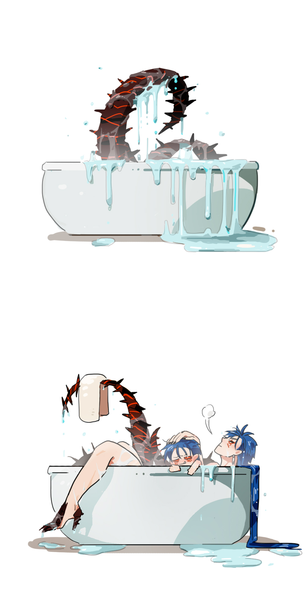 2boys bathing bathtub blue_hair chibi closed_mouth cu_chulainn_(fate) cu_chulainn_alter_(fate) dark_persona earrings facepaint fate/grand_order fate_(series) highres jewelry long_hair male_focus mini_cu-chan_(fate) monster_boy multiple_boys shitakawa simple_background spiked_hair spikes tail towel water