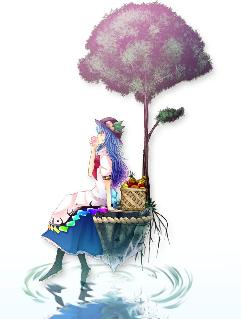 1girl apple bad_id bad_pixiv_id banana basket blue_hair eating female_focus food fruit grapes hat hinanawi_tenshi kaname-ishi leaf long_hair pandora-ex peach pineapple plant_roots puffy_sleeves red_eyes ripples rock short_sleeves sitting solo touhou tree water