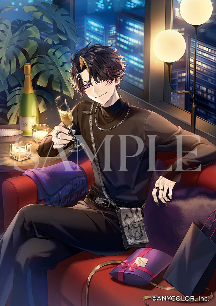 1boy black_hair black_nails black_pants black_shirt blonde_hair bottle box closed_mouth commentary_request copyright_notice cup drink fingernails gift gift_box hair_ornament hairclip holding holding_cup jewelry looking_at_viewer male_focus manomenou multicolored_hair multiple_rings nail_polish nijisanji nijisanji_en official_alternate_costume official_alternate_hairstyle official_art pants pink_hair plant purple_eyes ring sample_watermark shirt shu_yamino shu_yamino_(3rd_costume) sitting sleeves_past_wrists solo streaked_hair virtual_youtuber watermark window