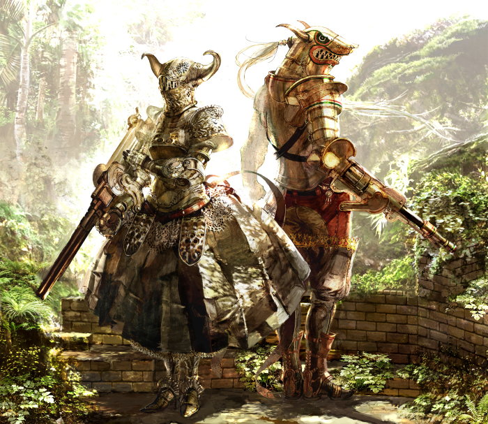 1boy 1girl anesaki_dynamic armor armored_boots armored_dress boots brick_wall dress fantasy forest garden gloves gun helmet nature original plate_armor weapon