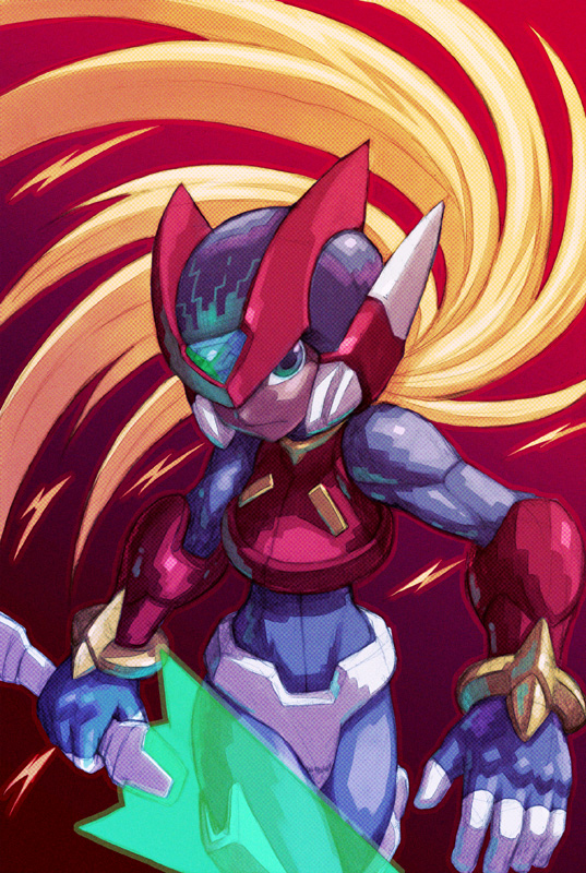 1boy blonde_hair bodysuit capcom energy_blade gloves go! green_eyes helmet male_focus mega_man_(series) mega_man_zero_(series) solo zero(z)_(mega_man) zero_(mega_man)