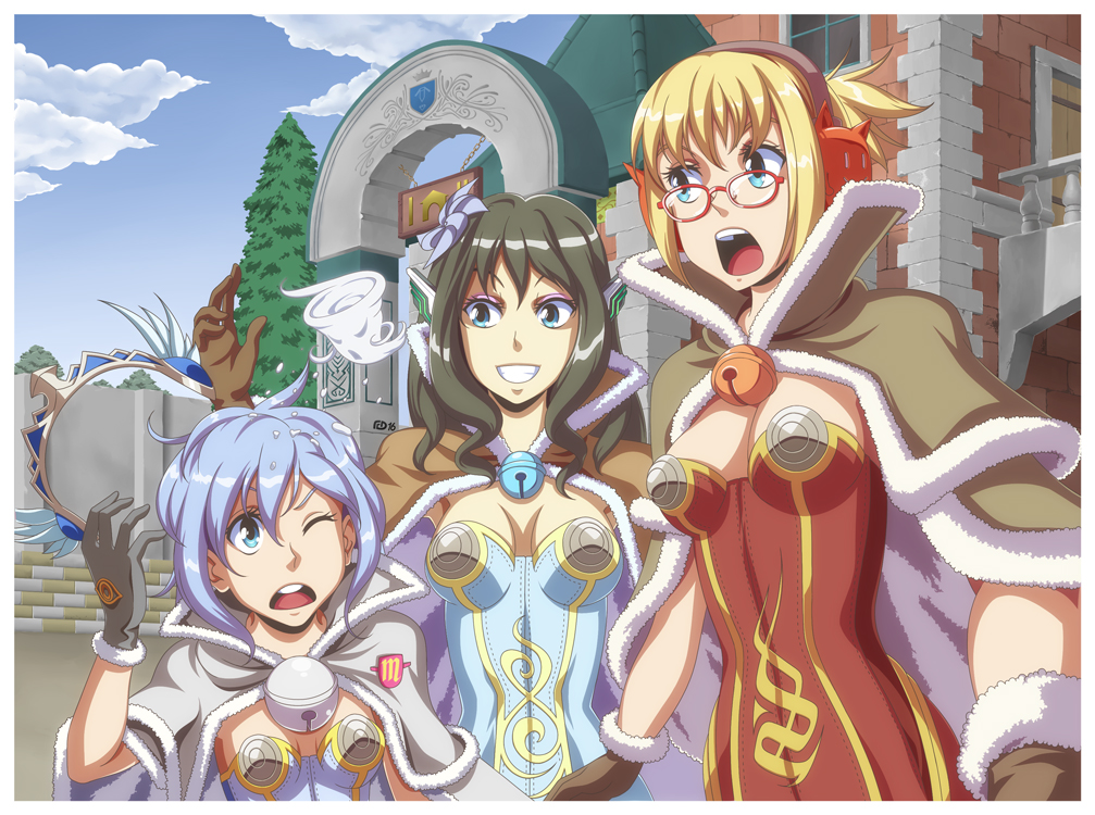 3girls alternate_color black_hair blonde_hair blue_dress blue_eyes blue_sky breasts brown_cape brown_gloves cape cloud cokeboy commentary commission dress english_commentary fur-trimmed_cape fur-trimmed_gloves fur_trim gate glasses gloves grey_cape grey_dress grey_gloves grin headphones high_wizard_(ragnarok_online) long_hair medium_breasts multiple_girls open_mouth outdoors pine_tree ragnarok_online red-framed_eyewear red_dress round_teeth short_hair sky small_breasts smile strapless strapless_dress teeth tree upper_body upper_teeth_only