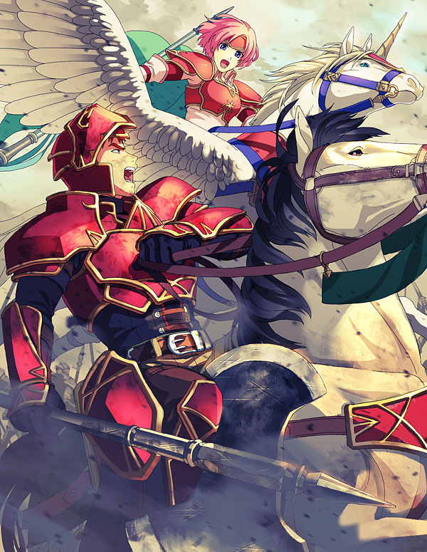 1boy 1girl armor axe battle blue_eyes commentary donta30303 double-sided_axe fire_emblem fire_emblem:_radiant_dawn helmet holding holding_axe holding_polearm holding_weapon horse horseback_riding kieran_(fire_emblem) marcia_(fire_emblem) nintendo open_mouth pegasus pink_hair polearm red_hair riding short_hair weapon