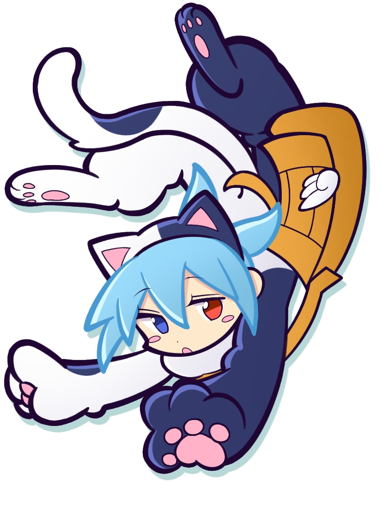 1boy :o animal_costume animal_ear_hairband animal_ears arched_back bag blue_eyes blue_hair blue_jumpsuit blush_stickers cat_costume cat_ears deformed dot_nose drop_shadow fake_animal_ears fake_tail falling full_body hair_between_eyes hairband heterochromia jumpsuit looking_at_viewer male_focus messenger_bag midair official_alternate_costume official_style onesie open_mouth puyopuyo puyopuyo_quest red_eyes short_hair shoulder_bag sideways_glance sig_(kitty)_(puyopuyo) sig_(puyopuyo) simple_background solo tag_025 tail two-tone_jumpsuit white_background white_jumpsuit white_tail