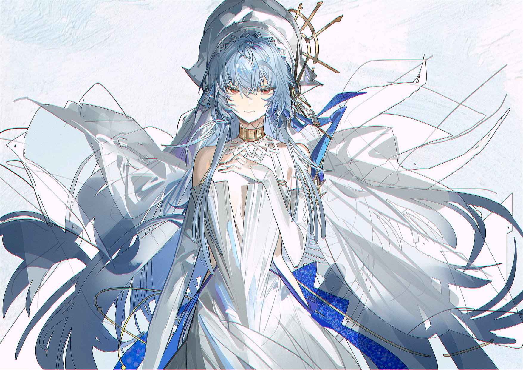 arknights bare_shoulders cowboy_shot detached_sleeves dress front_slit grey_hair hat highres long_hair looking_at_viewer official_alternate_costume plumw red_eyes simple_background sleeveless sleeveless_dress smile specter_(arknights) specter_the_unchained_(arknights) specter_the_unchained_(born_as_one)_(arknights) very_long_hair white_dress white_hat white_sleeves