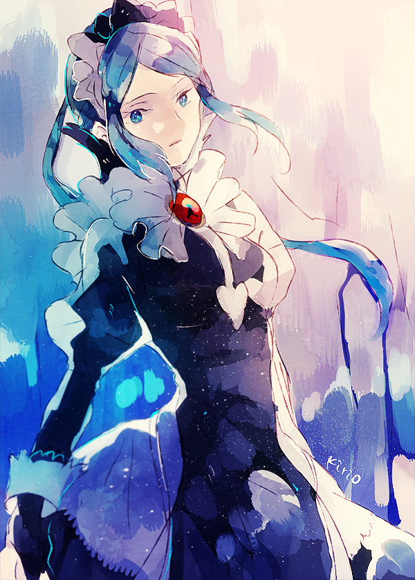 1girl blue_eyes blue_hair feather_trim fire_emblem fire_emblem_fates flora_(fire_emblem) long_hair long_sleeves looking_at_viewer maid maid_headdress nintendo okii solo twintails