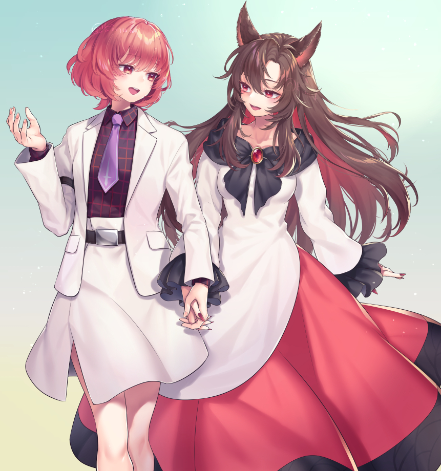 2girls :d animal_ears belt black_shirt blazer brown_hair collared_shirt commentary_request commission cowboy_shot dress gradient_background green_background holding_hands horikawa_raiko imaizumi_kagerou interlocked_fingers jacket long_hair long_sleeves multi-source_commentary multiple_girls necktie open_mouth purple_necktie red_dress red_eyes red_hair red_nails shirt short_hair skeb_commission skirt smile tomobe_kinuko touhou twitter_username two-tone_dress very_long_hair white_dress white_jacket white_skirt wolf_ears wolf_girl yellow_background