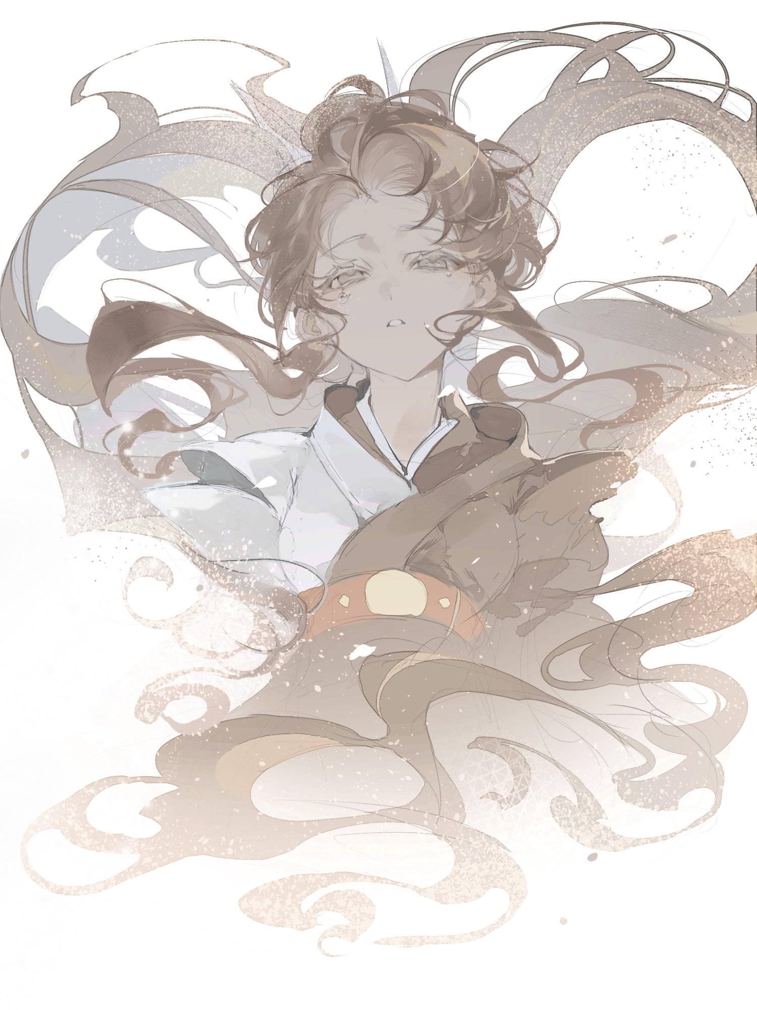 1girl border breasts brown_hair caramel_arrow_cookie chest_belt cookie_run cookie_run:_kingdom cropped_arms cropped_legs crying crying_with_eyes_open curtained_hair dissolving fading fading_border half-closed_eyes highres humanization muted_color non-deformed pale_color parted_lips sepia shu_(pjxv7485) side_part simple_background small_breasts smoke solo tan tears twintails upper_body white_background