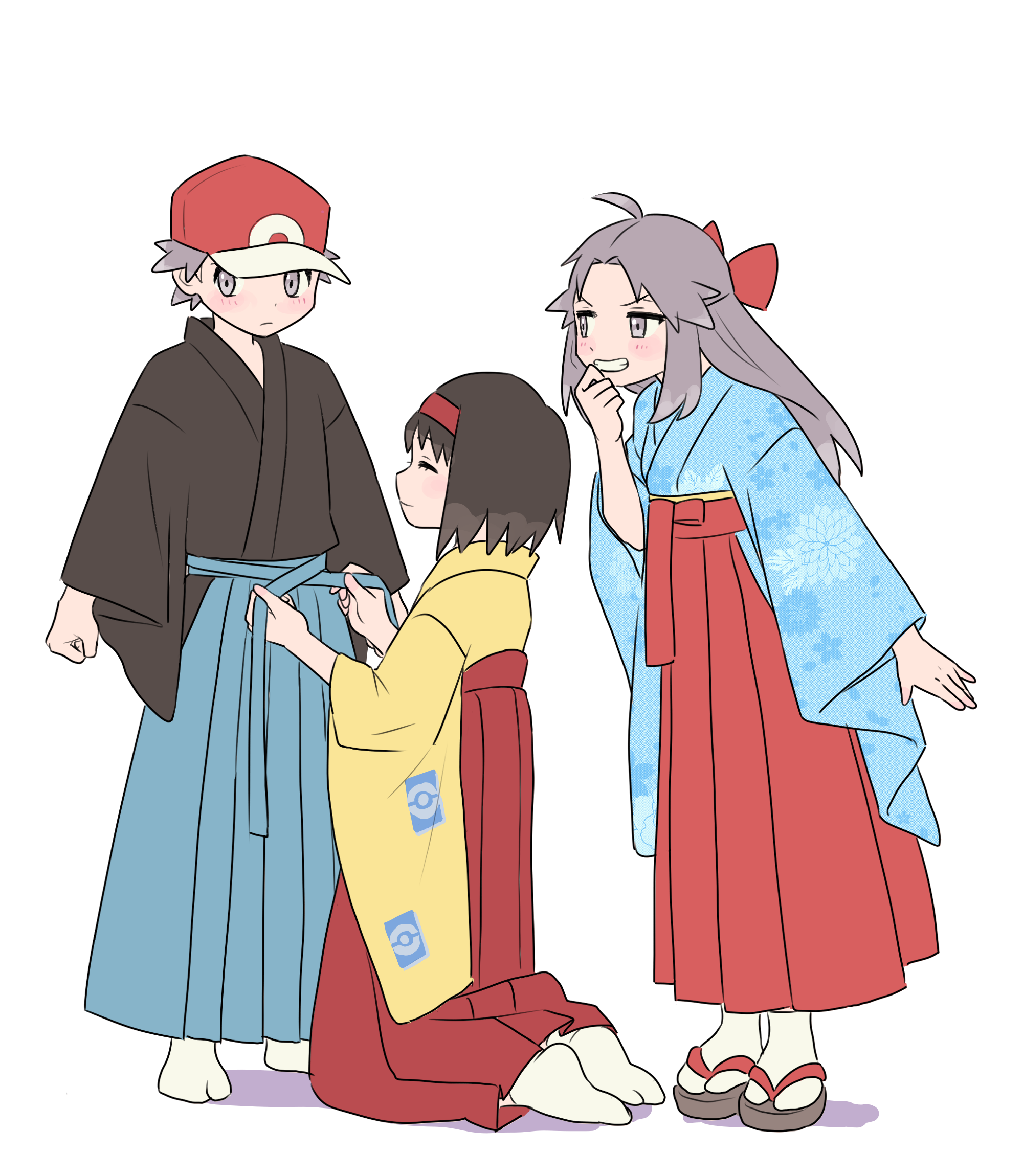 1boy 2girls erika_(pokemon) highres japanese_clothes kimono leaf_(pokemon) multiple_girls nintendo pokemon pokemon_frlg pumpkinpan red_(pokemon) red_(pokemon_frlg)