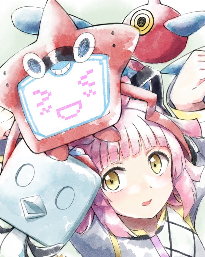 1girl ahoge animal_ear_headphones animal_ears arms_up blunt_bangs blunt_ends cat_ear_headphones commentary_request crossover eiscue eiscue_(ice) fake_animal_ears gen_4_pokemon gen_8_pokemon headphones kishimen_hair long_sleeves looking_at_viewer love_live! love_live!_nijigasaki_high_school_idol_club medium_hair nintendo official_alternate_costume open_mouth orange-pengin pink_hair pokemon pokemon_(creature) porygon-z rina-chan_board rotom rotom_dex tennoji_rina tsunagaru_connect_(love_live!) yellow_eyes