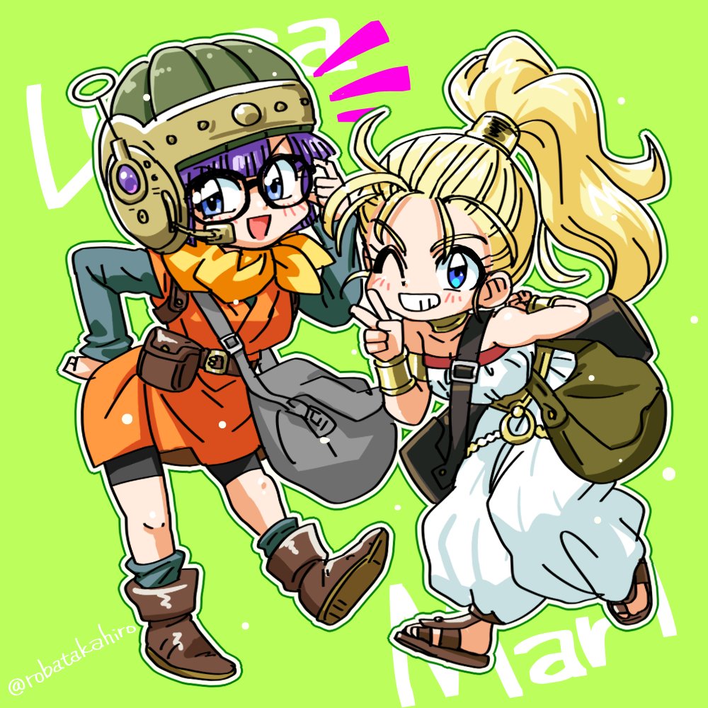 2girls bare_shoulders belt bike_shorts blonde_hair blue_eyes chibi chrono_trigger full_body glasses helmet jewelry long_hair looking_at_viewer lucca_ashtear marle_(chrono_trigger) multiple_girls one_eye_closed open_mouth ponytail purple_hair scarf short_hair smile v wanta_(futoshi)