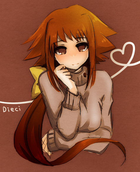 00s 1girl bad_id bad_pixiv_id blush bow breasts brown_eyes brown_hair character_name dieci_(nanoha) female_focus hair_bow heart long_hair lyrical_nanoha mahou_shoujo_lyrical_nanoha_strikers mikaze numbers_(nanoha) ponytail solo