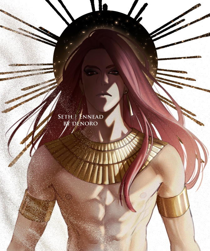 1boy abs ancient_egyptian_clothes artist_name black_eyeliner character_name closed_mouth copyright_name denoro earrings ennead eyeliner gold_armlet jewelry long_hair looking_at_viewer makeup male_focus nipples pectorals pink_hair seth_(ennead) solo toned toned_male topless_male usekh_collar very_long_hair
