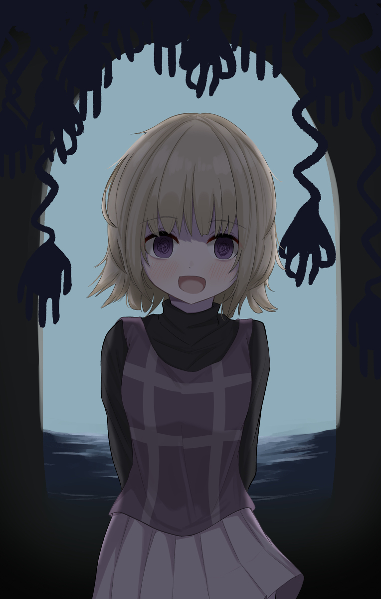 1girl @_@ arms_behind_back blonde_hair blush commentary_request dark highres long_sleeves medium_hair mitarashi_dayo open_mouth purple_eyes skirt standing sweater urotsuki yume_2kki