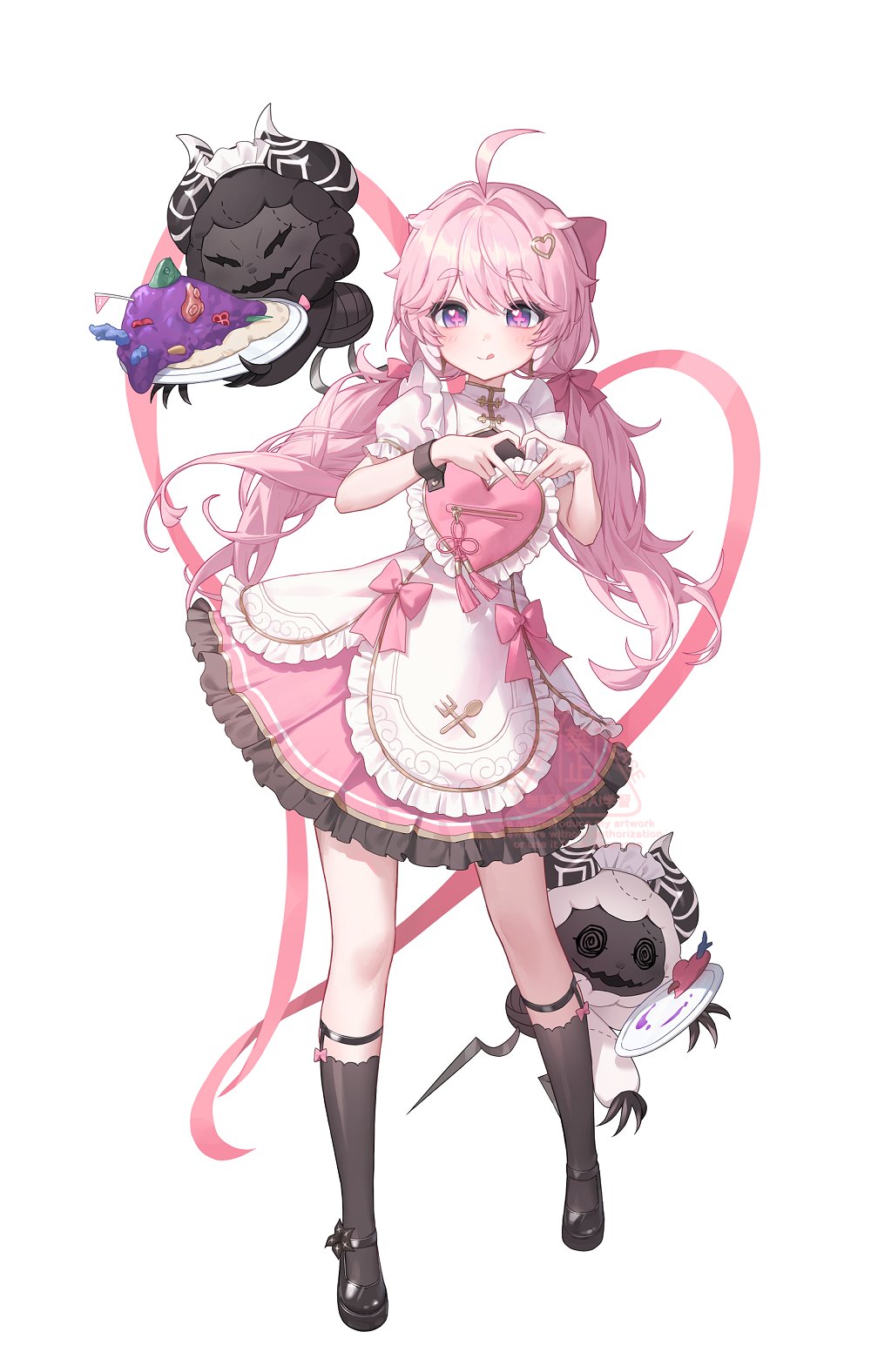 1girl four-finger_heart_hands :q ahoge alternate_costume apron black_shoes black_socks closed_mouth cloudy_(wuthering_waves) commentary cosmos_(wuthering_waves) dress encore_(wuthering_waves) english_commentary enmaided hair_ornament heart heart_hair_ornament heart_hands highres kneehighs light_blush long_hair looking_at_viewer low_twintails maid pink_dress pink_hair purple_eyes purple_pupils revision shoes simple_background smile socks solo tongue tongue_out twintails white_apron white_background wuthering_waves zua_(2vziu)
