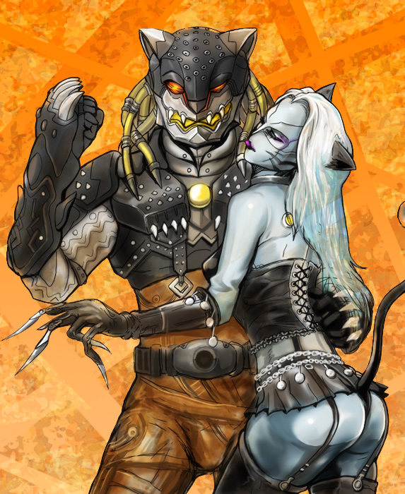 1girl armor ass belt blonde_hair blue_skin breastplate buckle claws clenched_hand colored_skin corset headgear helmet huujyu kamen_rider kamen_rider_ooo_(series) kazari long_hair looking_at_viewer monster red_eyes siam-neko_yummy silver_hair standing very_long_hair