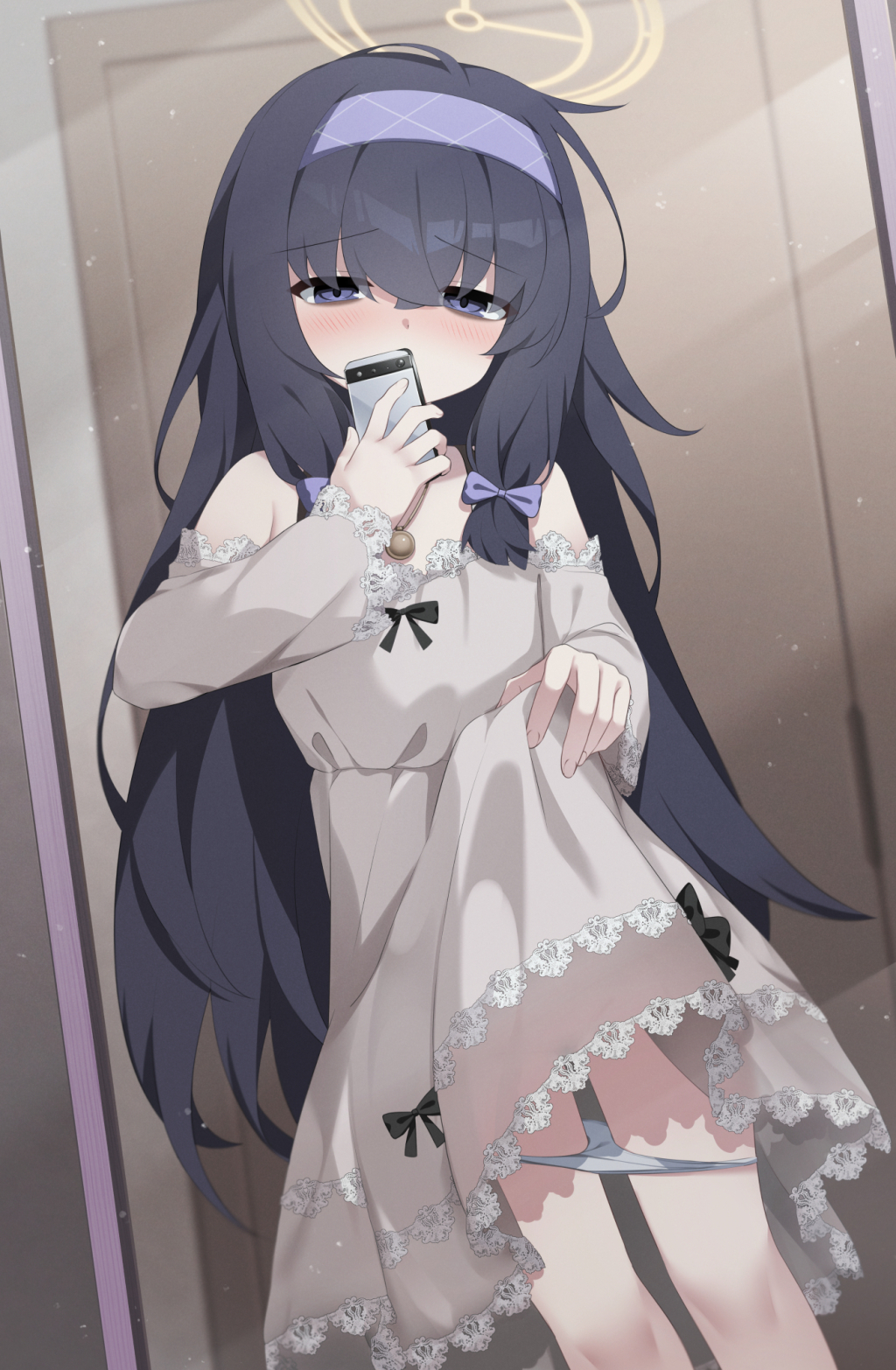 1girl alternate_costume bags_under_eyes bare_shoulders black_bow black_hair blue_archive blush bow brown_dress clothes_lift comiket_105 commentary_request crossed_bangs dress hair_between_eyes hairband halo highres holding holding_phone jewelry lace lace-trimmed_dress lace_trim lifting_own_clothes long_hair long_sidelocks long_sleeves mirror mirror_selfie necklace panties panties_around_leg partial_commentary phone purple_bow purple_eyes purple_hairband selfie sidelocks solo ui_(blue_archive) umou_(may65879) underwear very_long_hair white_panties