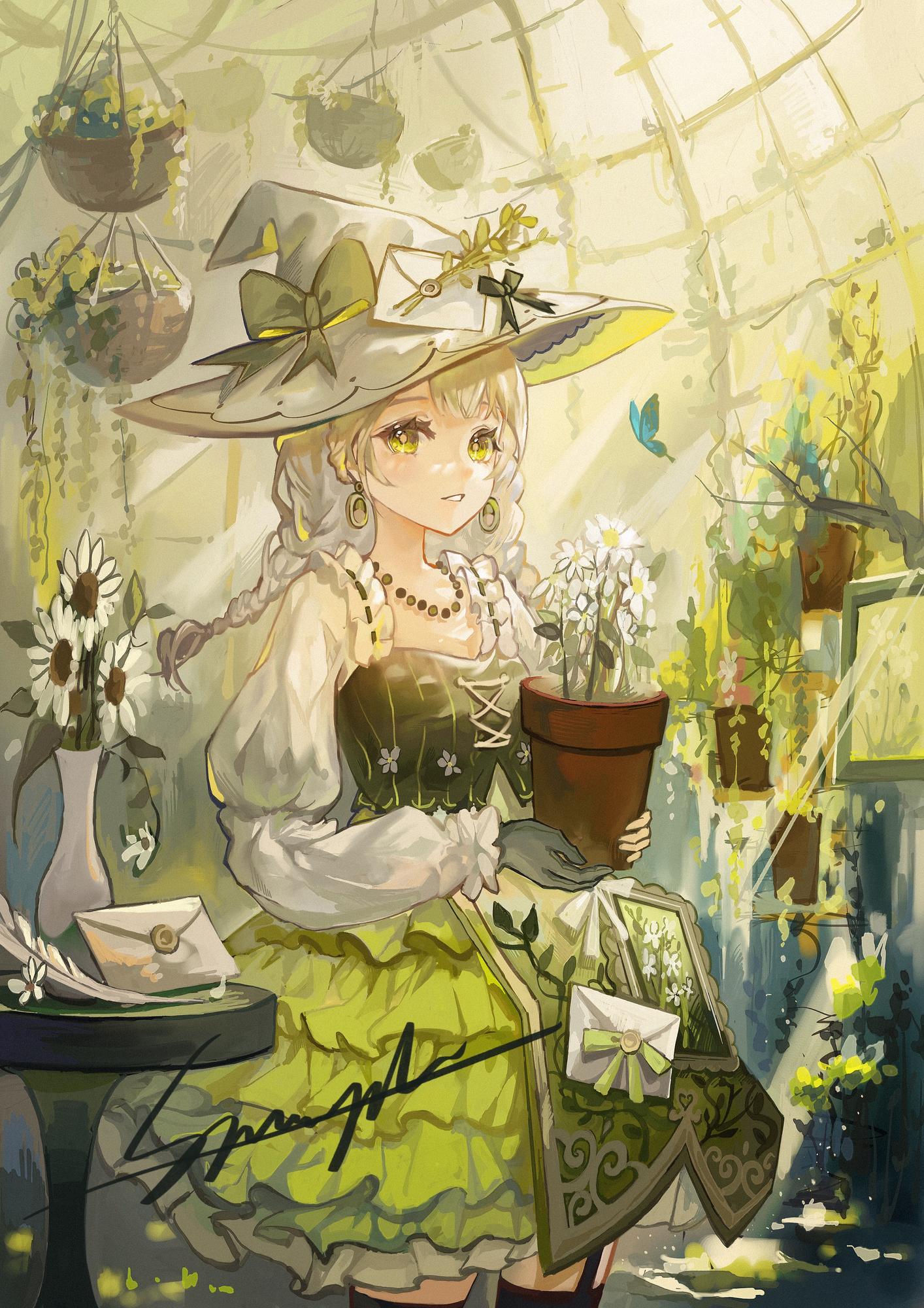 1girl apron bead_necklace beads black_bow black_gloves black_thighhighs blinklikeer blue_butterfly bow braid bright_pupils bug butterfly collarbone commission cowboy_shot daisy day dress earrings envelope eyelashes fern floral_print flower flower_pot frilled_dress frilled_sleeves frills gloves green_apron green_dress green_eyes green_hat greenhouse grey_bow grey_hair grey_hat hanging_plant hat hat_bow highres holding holding_flower_pot hoop_earrings indoors insect jewelry juliet_sleeves lace-trimmed_apron lace_trim light_particles light_rays long_hair long_sleeves looking_at_viewer low_twin_braids necklace original painting_(object) parted_lips picture_frame plant potted_plant puffy_long_sleeves puffy_sleeves ribbed_thighhighs sample_watermark short_dress single_glove solo square_neckline standing sunlight table thighhighs twin_braids two-sided_fabric two-sided_headwear vase waist_apron watermark white_flower white_pupils witch witch_hat