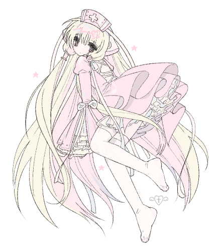 1girl back_cutout blonde_hair chii chobits clothing_cutout dress floating flower frilled_hair_tubes frilled_sleeves frills full_body hair_flower hair_ornament hair_tubes hat juliet_sleeves long_hair long_sleeves looking_at_viewer low-tied_sidelocks no_shoes nurse_cap pink_dress pink_flower puffy_sleeves robot_ears shorts sidelocks simple_background solo thighhighs u_emper very_long_hair white_background white_shorts white_thighhighs wide_sleeves