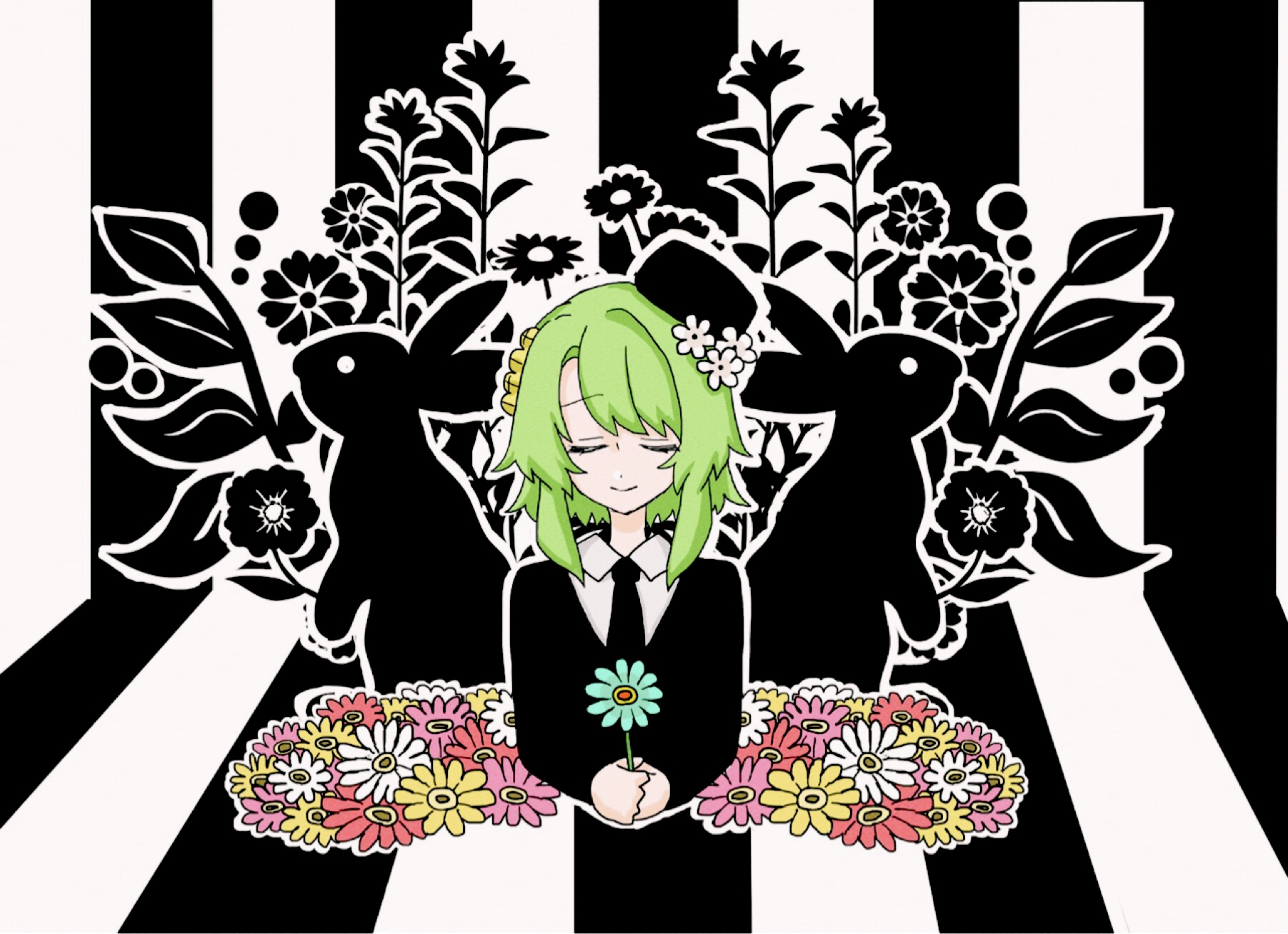 1girl closed_eyes collared_shirt flower green_hair hair_ornament hat hat_flower hatsune_miku_(saihate) highres holding holding_flower kimi_ga_shine kizuchi_kanna long_sleeves necktie rabbit saihate_(vocaloid) shirt short_hair_with_long_locks smile solo striped_background vocaloid yume_ha_imamo