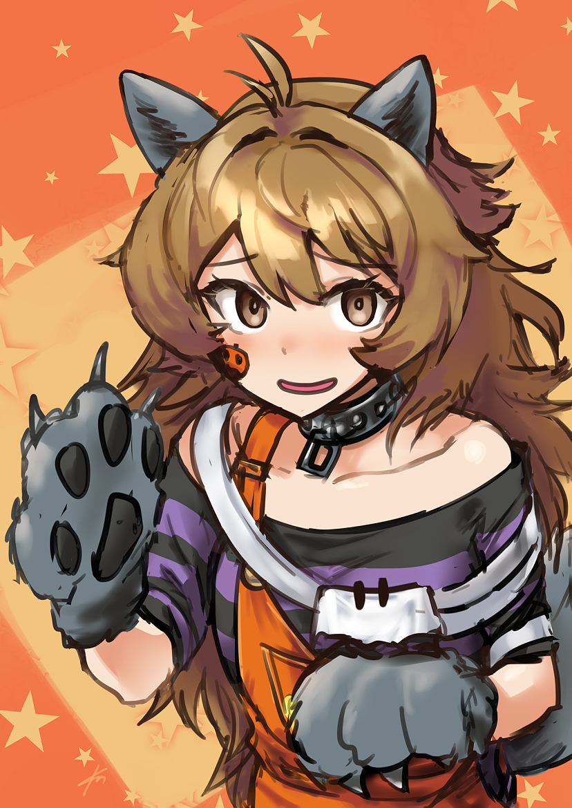 1girl alternate_hair_length alternate_hairstyle animal_ears animal_hands black_collar brown_eyes brown_hair collar ebizome fangs gloves halloween_costume kantai_collection long_hair oboro_(halloween)_(kancolle) oboro_(kancolle) official_alternate_costume open_mouth orange_background orange_overalls overalls paw_gloves pumpkin_ornament shirt solo star_(symbol) star_symbol_background sticker_on_face striped_clothes striped_shirt tail upper_body wolf_ears wolf_tail