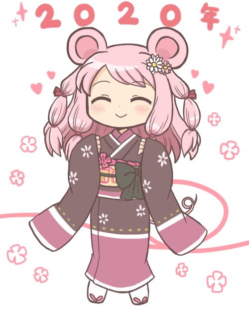 1girl 2020 :&gt; ^_^ adapted_costume alternate_costume animal_ears black_kimono blush bow chinese_zodiac closed_eyes closed_mouth facing_viewer floral_print flower full_body hair_flower hair_ornament hands_up heart japanese_clothes kimono long_hair long_sleeves magia_record:_mahou_shoujo_madoka_magica_gaiden mahou_shoujo_madoka_magica mouse_ears mouse_girl mouse_tail new_year obi pink_hair print_kimono reverse_(bluefencer) sash sleeves_past_wrists smile socks solo standing tail tamaki_ui white_background white_flower white_socks wide_sleeves year_of_the_rat