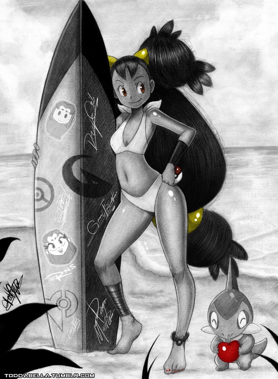 10s 1girl alternate_color alternate_costume ankle_ring apple axew barefoot beach bikini cartoon_network charcoal_(medium) dark_skin dc_comics female_focus food fruit full_body gen_5_pokemon highres iris_(pokemon) long_hair monochrome nature navel nintendo ocean outdoors plant poke_ball pokemon pokemon_(anime) pokemon_(creature) pokemon_bw pokemon_bw_(anime) shiny_skin signature sky smile solo spot_color standing starfire surfboard swimsuit teen_titans todd_l._milhouse traditional_media very_long_hair watermark