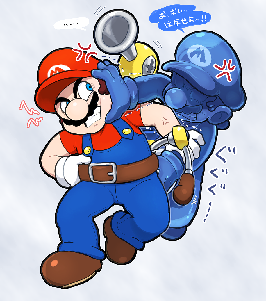 1boy 2boys blue_eyes blue_overalls blue_skin brown_footwear colored_skin f.l.u.d.d. facial_hair gloves hat hoshi_(star-name2000) mario mario_(series) multiple_boys mustache nintendo overalls red_headwear red_shirt shadow_mario shirt short_sleeves super_mario_sunshine translation_request