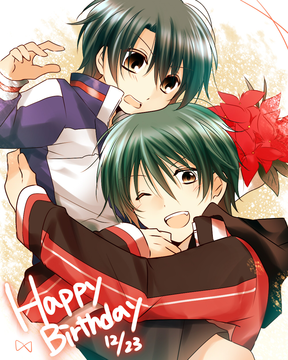 2boys ;d arms_around_waist black_jacket black_shorts blue_jacket blush bouquet brothers brown_background brown_eyes check_flower cowboy_shot curtained_hair echizen_ryooga echizen_ryooma fang flower flower_request green_hair hair_between_eyes half-siblings hand_on_another&#039;s_back hand_up happy_birthday highres holding holding_bouquet hood hood_down hug jacket layered_clothes lifting_person long_sleeves looking_at_another looking_at_viewer male_focus mamibakuhatu multicolored_jacket multiple_boys one_eye_closed open_mouth parted_bangs peanut_mouth poinsettia red_jacket short_hair shorts siblings smile tennis_no_ouji-sama track_jacket upper_body v-shaped_eyebrows white_background white_jacket wispy_bangs