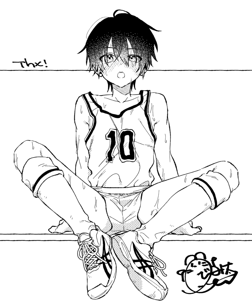1boy bare_shoulders basketball_uniform blush collarbone double-parted_bangs ferea_bimi full_body greyscale hair_between_eyes hands_on_floor highres kneehighs knees_up looking_at_viewer male_focus monochrome one_eye_narrowed open_mouth original shoes short_hair shorts signature simple_background sitting sneakers socks sportswear straight-on sweat tareme teeth upper_teeth_only white_background