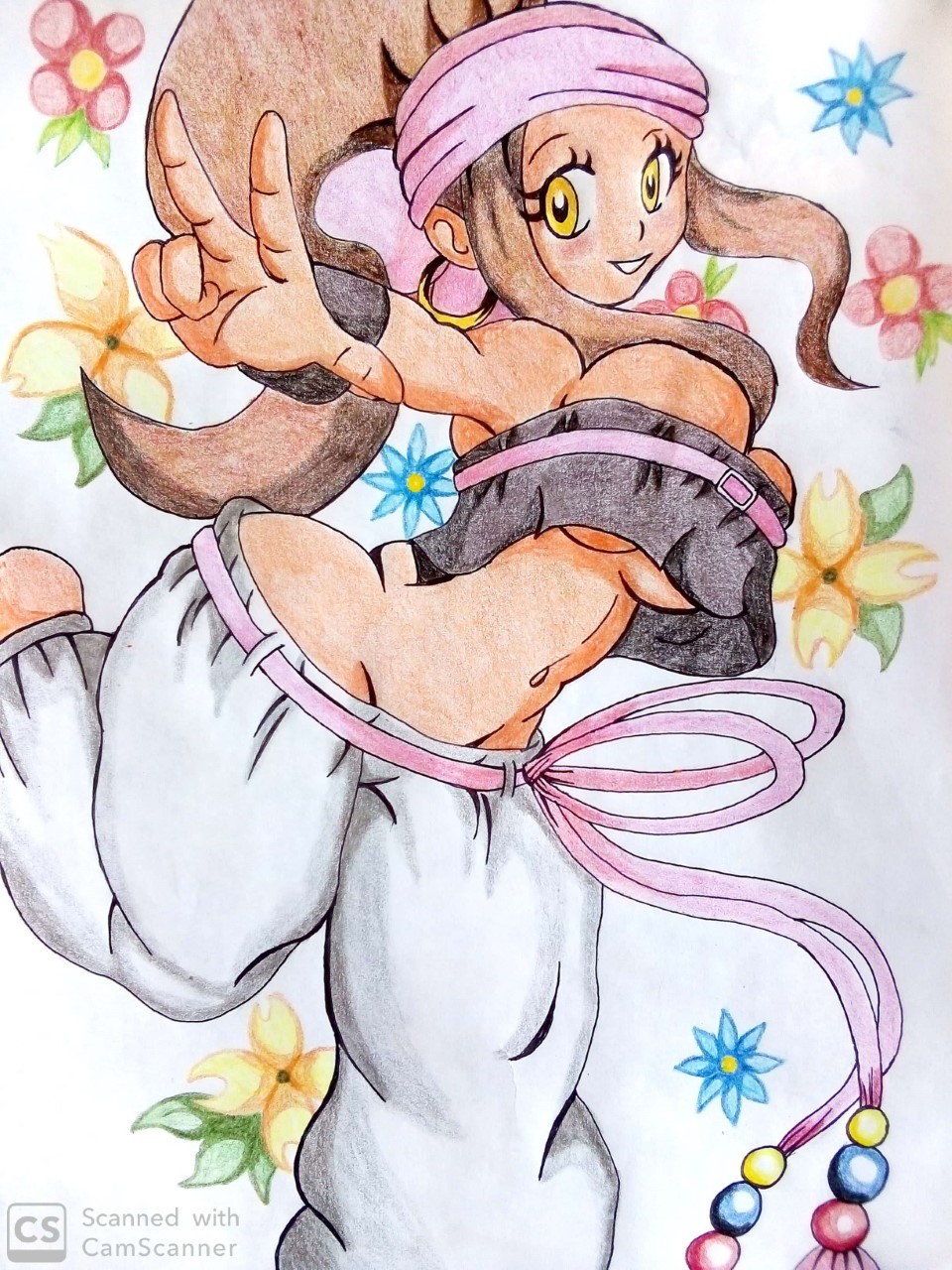 breasts dark_skin doodle earrings flower highres jewelry looking_at_viewer lucky-jj ponytail snk tagme the_king_of_fighters the_king_of_fighters_xiv traditional underboob zarina