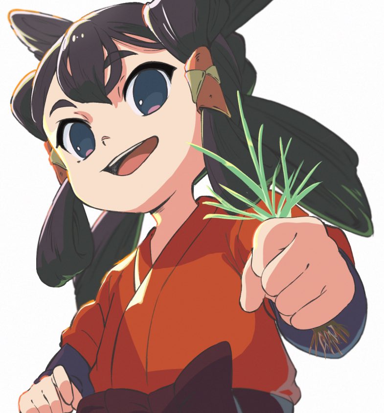 1girl black_eyes black_hair gyuhii hair_rings japanese_clothes kimono looking_at_viewer mizura open_mouth red_kimono rice_(plant) sakuna-hime simple_background smile solo tensui_no_sakuna-hime upper_body white_background