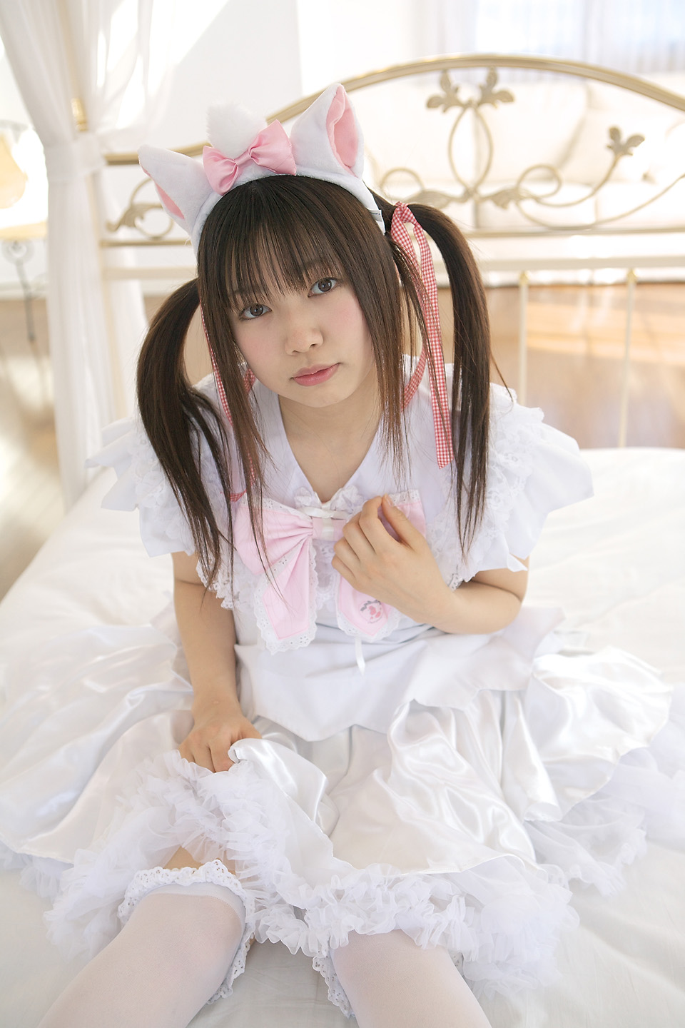 animal_ears aristocats bed cat_ears cosplay dress frilled_dress frills highres kneehighs lace marie photo_(medium) sakura_yayoi socks twintails