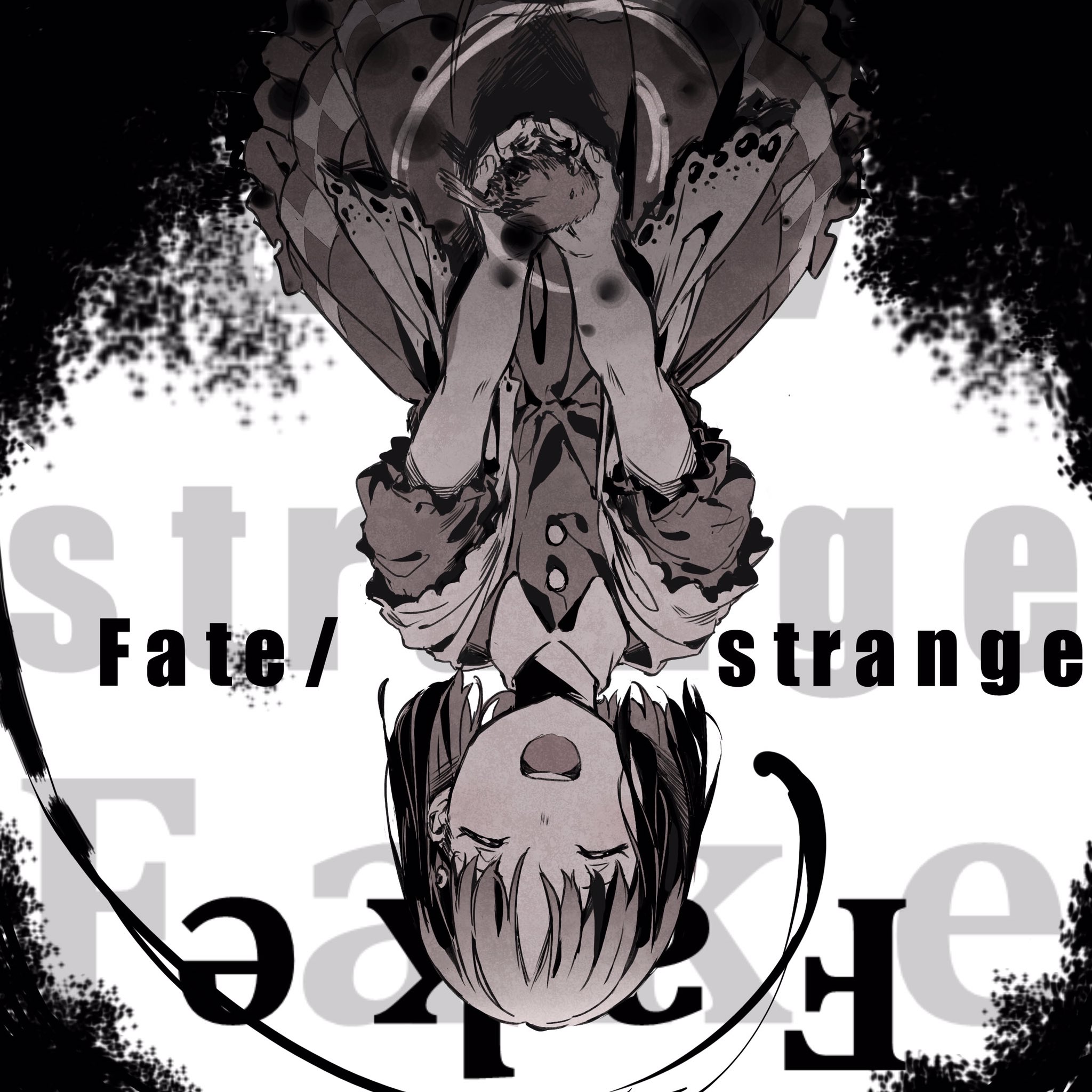 1girl closed_eyes copyright_name cupping_hands fate/strange_fake fate_(series) high_contrast highres kuruoka_tsubaki laughing own_hands_together pale_rider_(fate) redoxhn short_hair sleeping solo_focus swirl upside-down