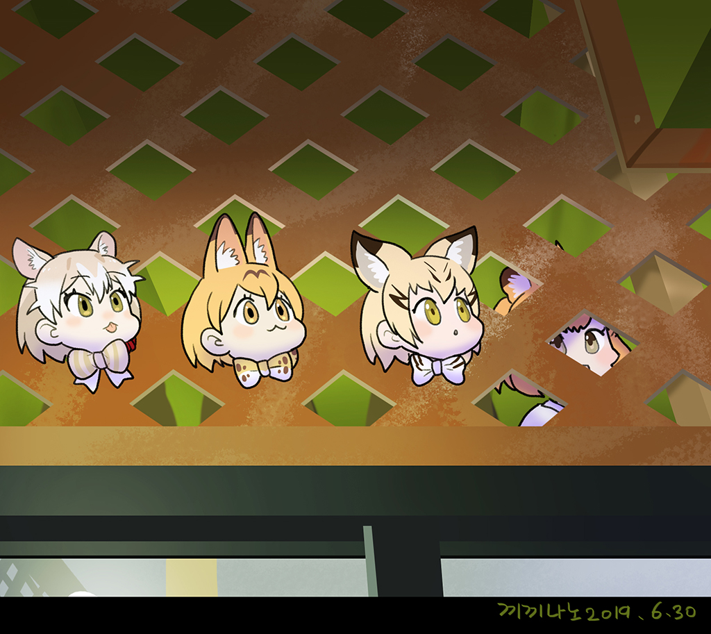 4girls animal_ear_fluff animal_ears blonde_hair bow bowtie cat_(kemono_friends) cat_ears closed_mouth commentary_request dated green_eyes kemono_friends light_brown_hair multicolored_hair multiple_girls photo-referenced roonhee sand_cat_(kemono_friends) serval_(kemono_friends) short_hair tongue tongue_out traditional_bowtie two-tone_bow two-tone_bowtie two-tone_hair white_hair yellow_eyes