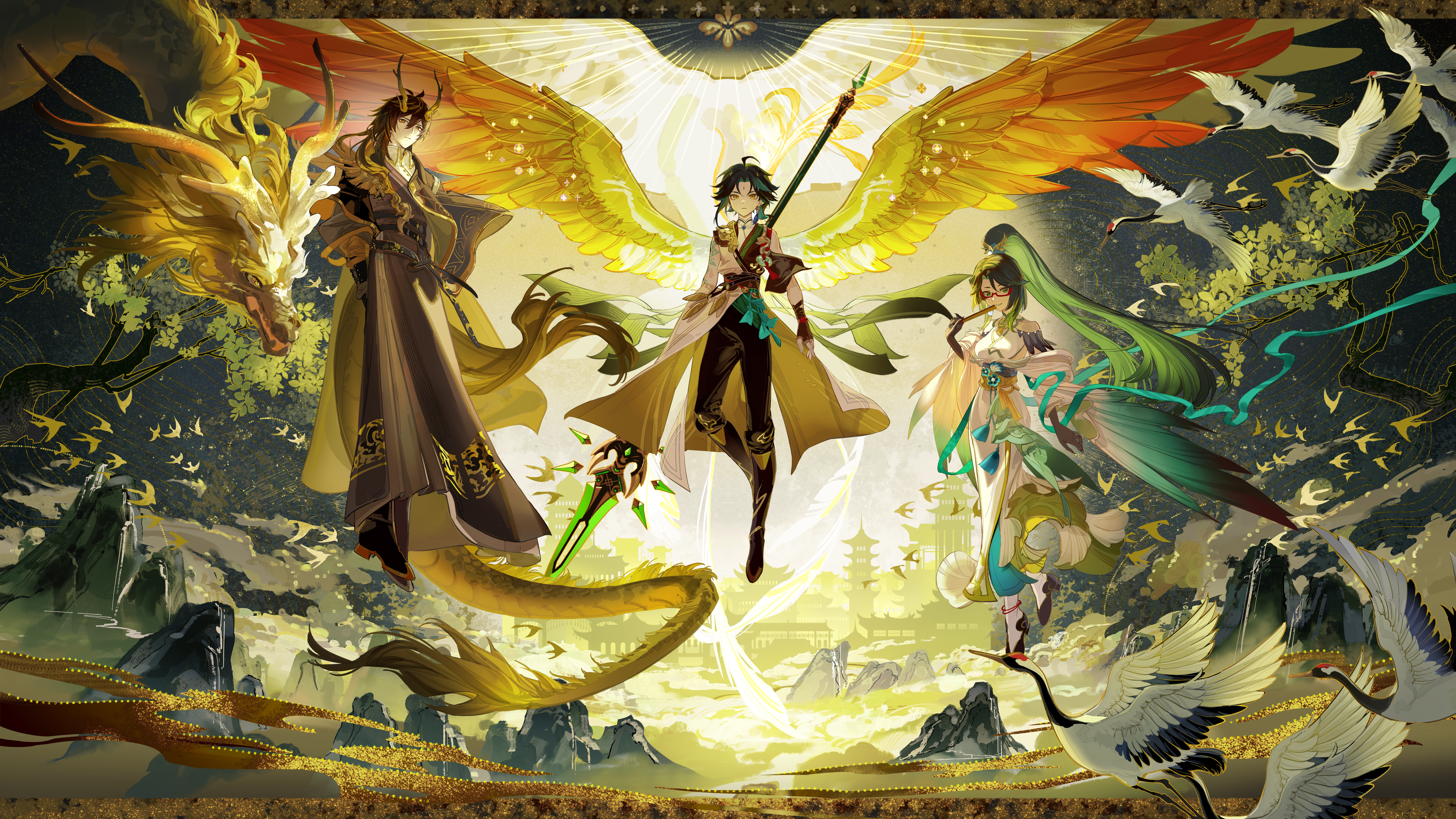 1girl 2boys absurdres alternate_costume bird commentary_request crane_(animal) dragon dragon_horns dress genshin_impact green_hair highres horns long_hair multiple_boys official_art primordial_jade_winged-spear_(genshin_impact) rafaelaaa red-framed_eyewear short_hair wings xianyun_(genshin_impact) xiao_(genshin_impact) zhongli_(genshin_impact)