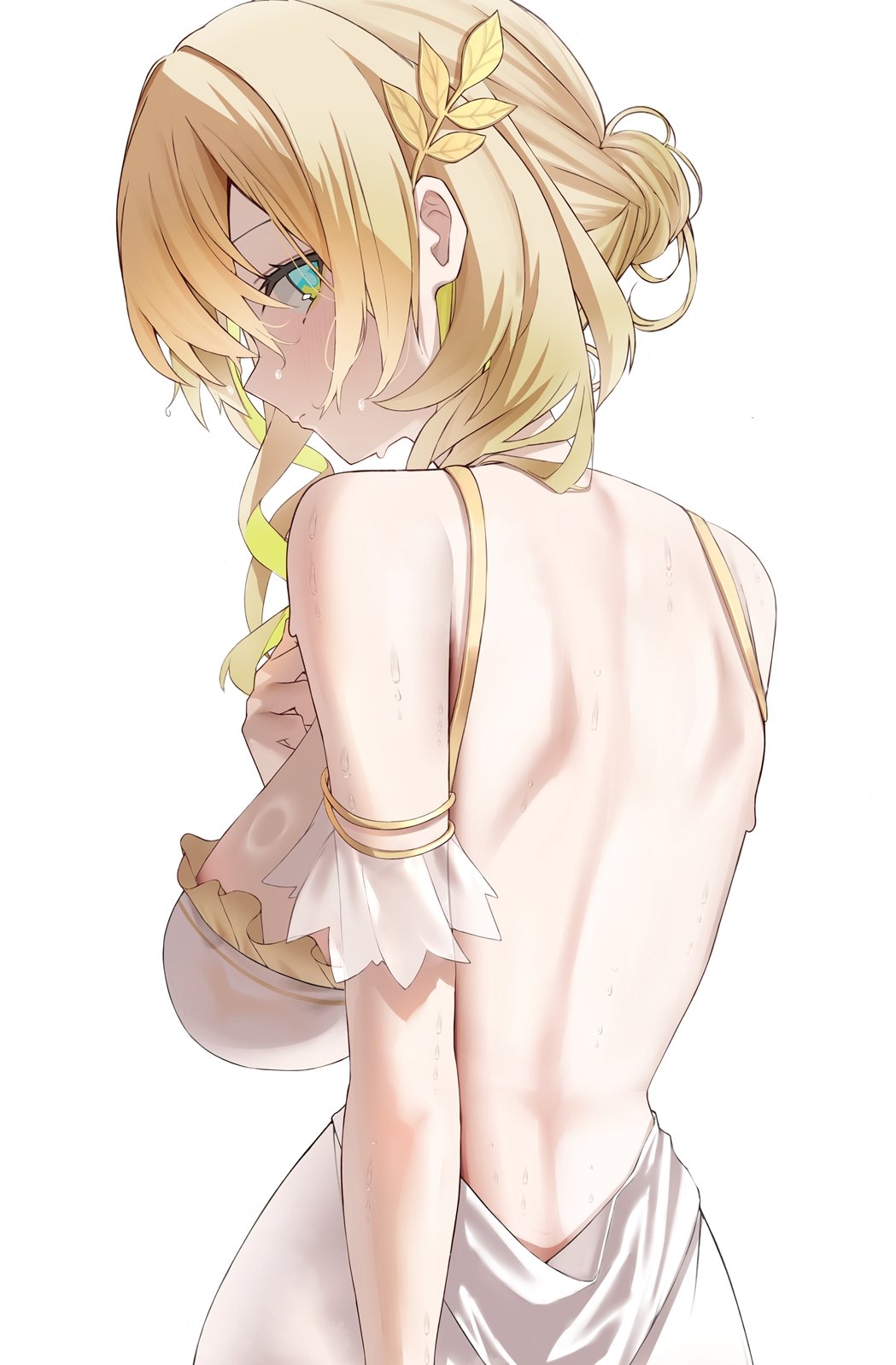 1girl aglaea_(honkai:_star_rail) ancient_greek_clothes back backless_dress backless_outfit blonde_hair breasts commentary_request dress from_side greco-roman_clothes green_eyes highres honkai:_star_rail honkai_(series) laurel_crown nidaime_(doronbo) short_hair sideboob simple_background solo upper_body wet white_background white_dress