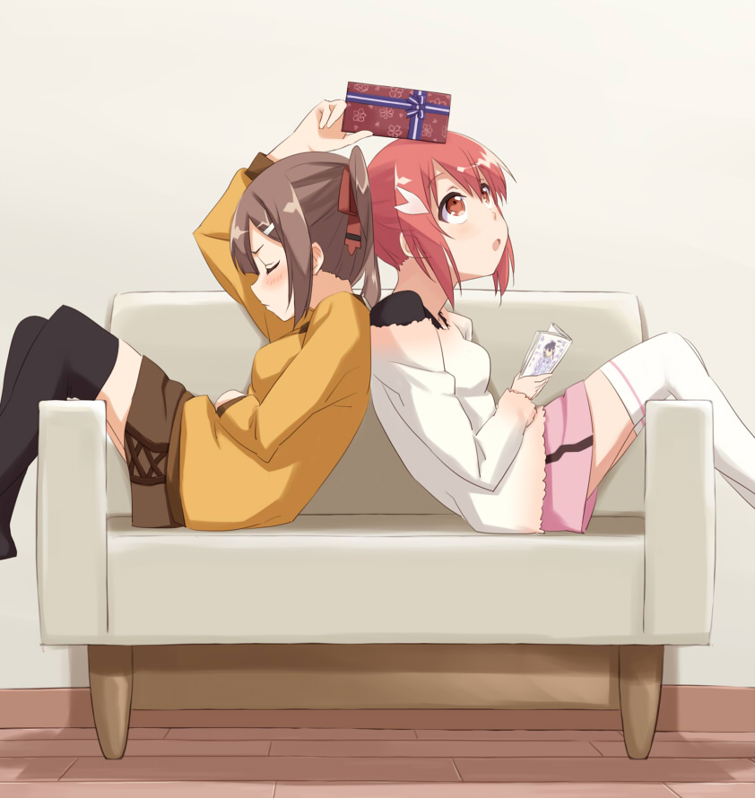 10s 2girls :o back-to-back black_legwear book box brown_hair couch closed_eyes gift gift_box miyoshi_karin multiple_girls open_mouth red_eyes red_hair ribbon shikou_sakugo_(qqap9gt9k) shikousakugo simple_background sitting skirt thighhighs tsundere valentine white_background white_legwear wooden_floor yuuki_yuuna yuuki_yuuna_wa_yuusha_de_aru yuusha_de_aru